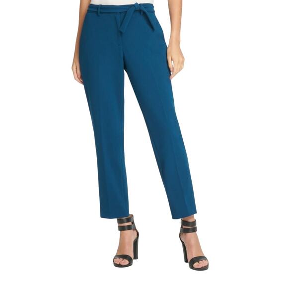 DKNY BELTED FLAT FRONT CROPPED STRAIGHT LEG CAREER PANTS IN TEAL NWT SIZE 14P